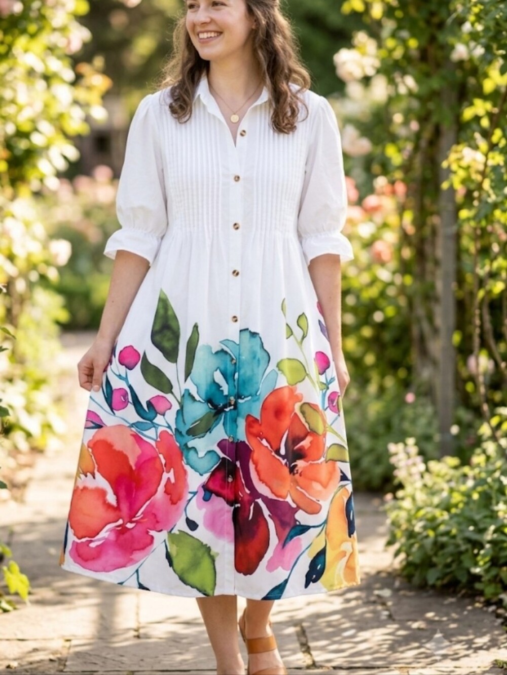 White Floral Button-Front Midi Dress
